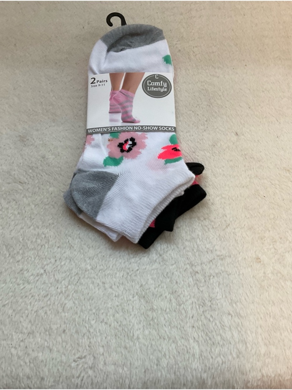 Comfy Lifestyle Women's No-Show Athletic Socks - White with Gray & Pink Floral